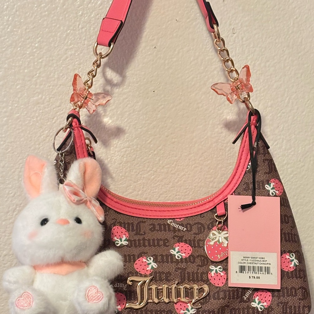 Juicy Couture Brown Monogram Shoulder Bag with Pink Strawberry Print & Trim